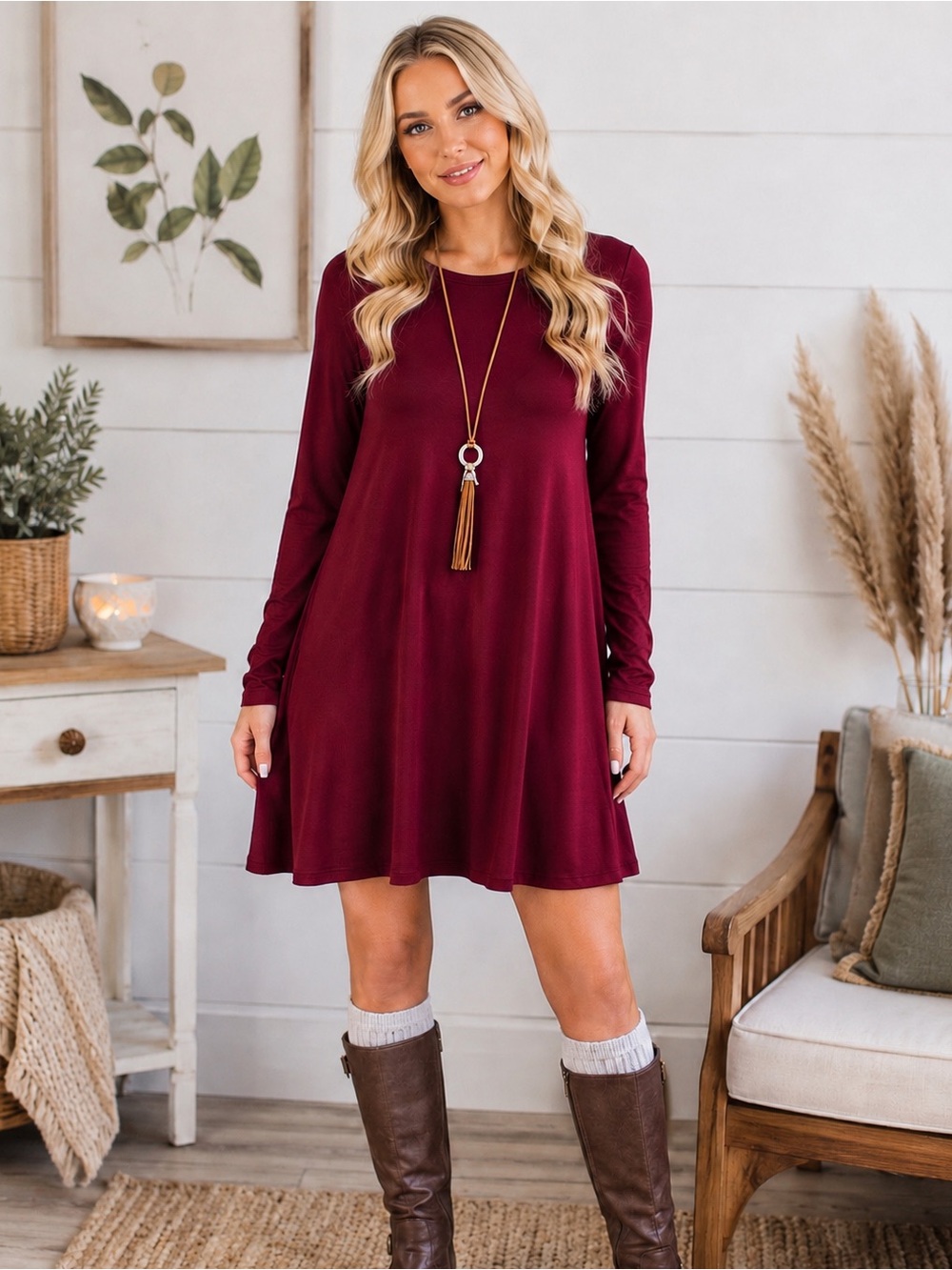 HiMONE Size L Long Sleeve Burgundy Swing Dress